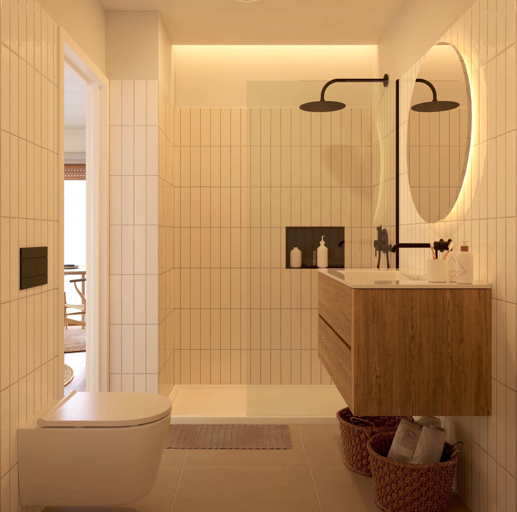 Bathroom with vertical white tiles, walk-in shower and wood vanity
