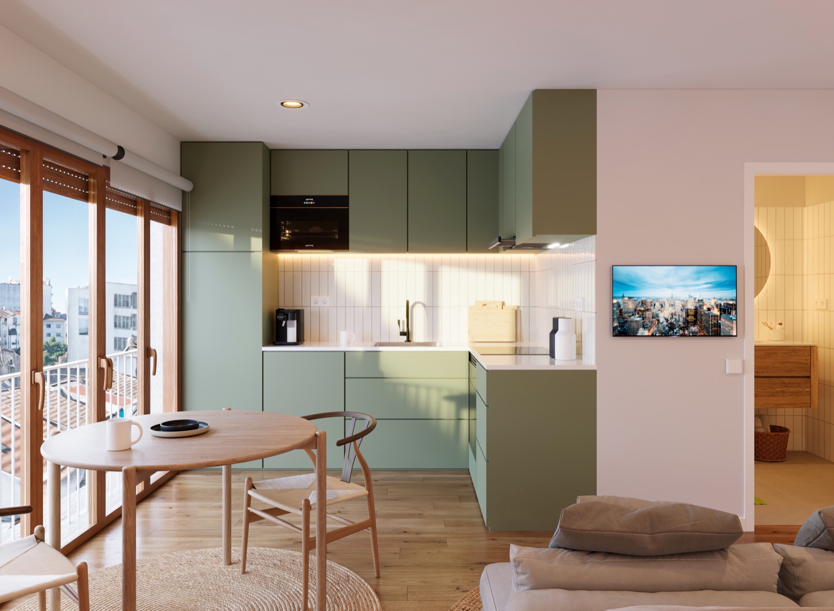 Sage-green kitchen with ceramic countertop and integrated appliances