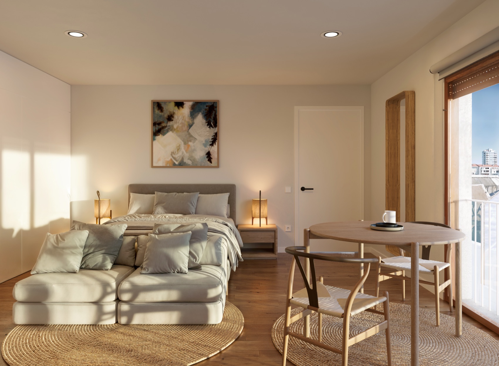 Studio interior with oak floor, integrated wardrobe and dining table