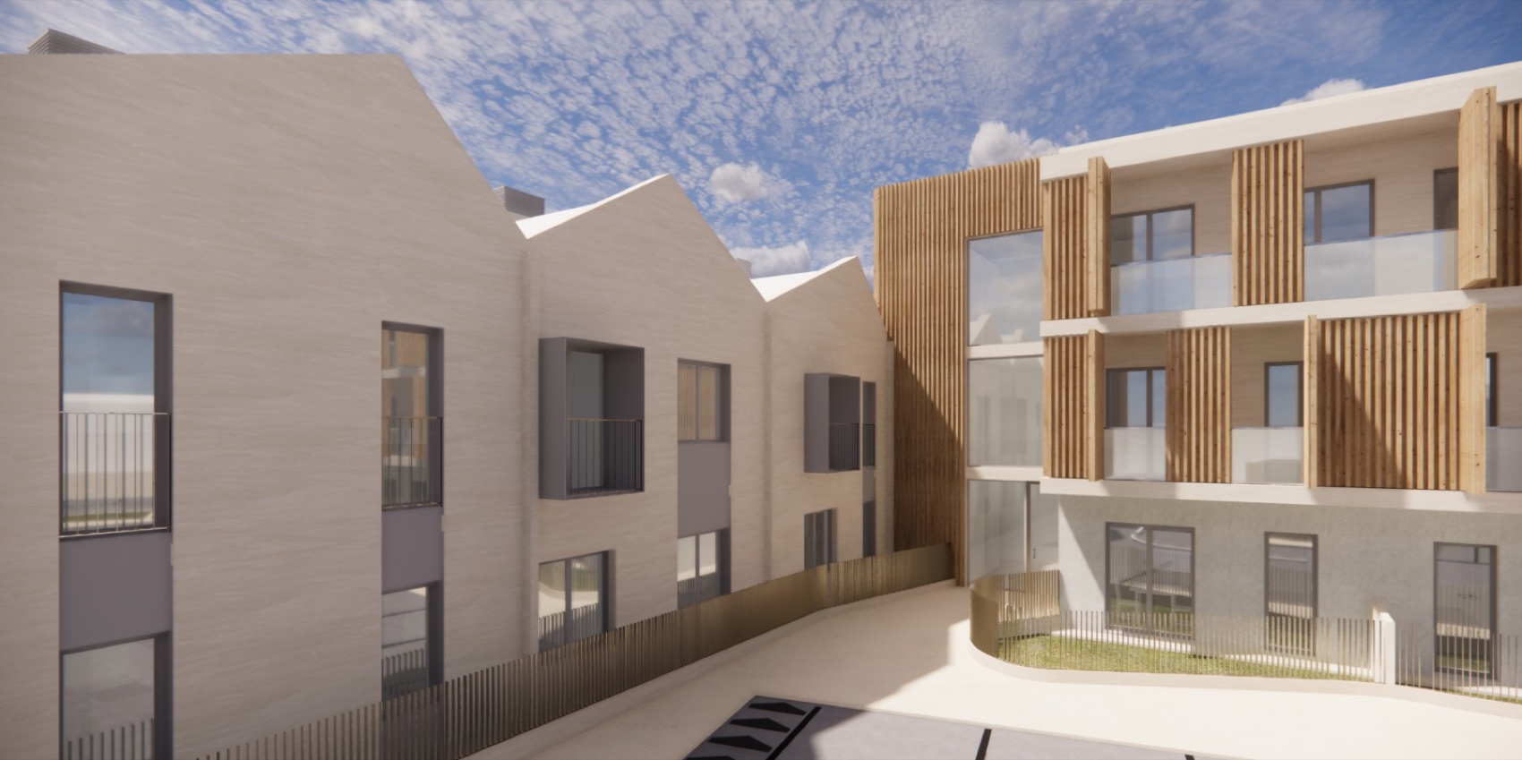 Alhos Vedros — interior courtyard with timber-screened facade