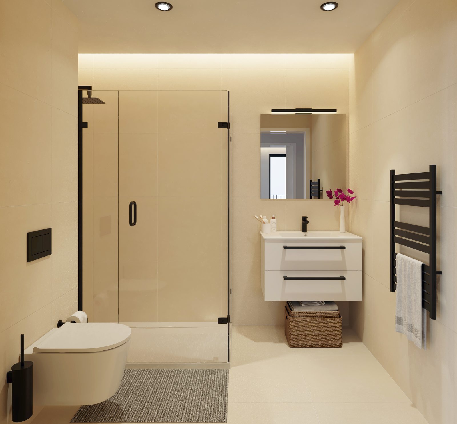 Stone-tiled bathroom with walk-in shower and wood vanity