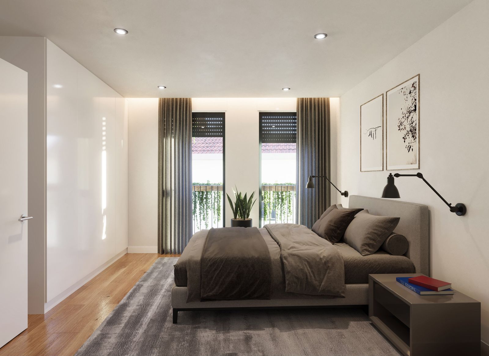 Warm bedroom with wood floor and street-facing window