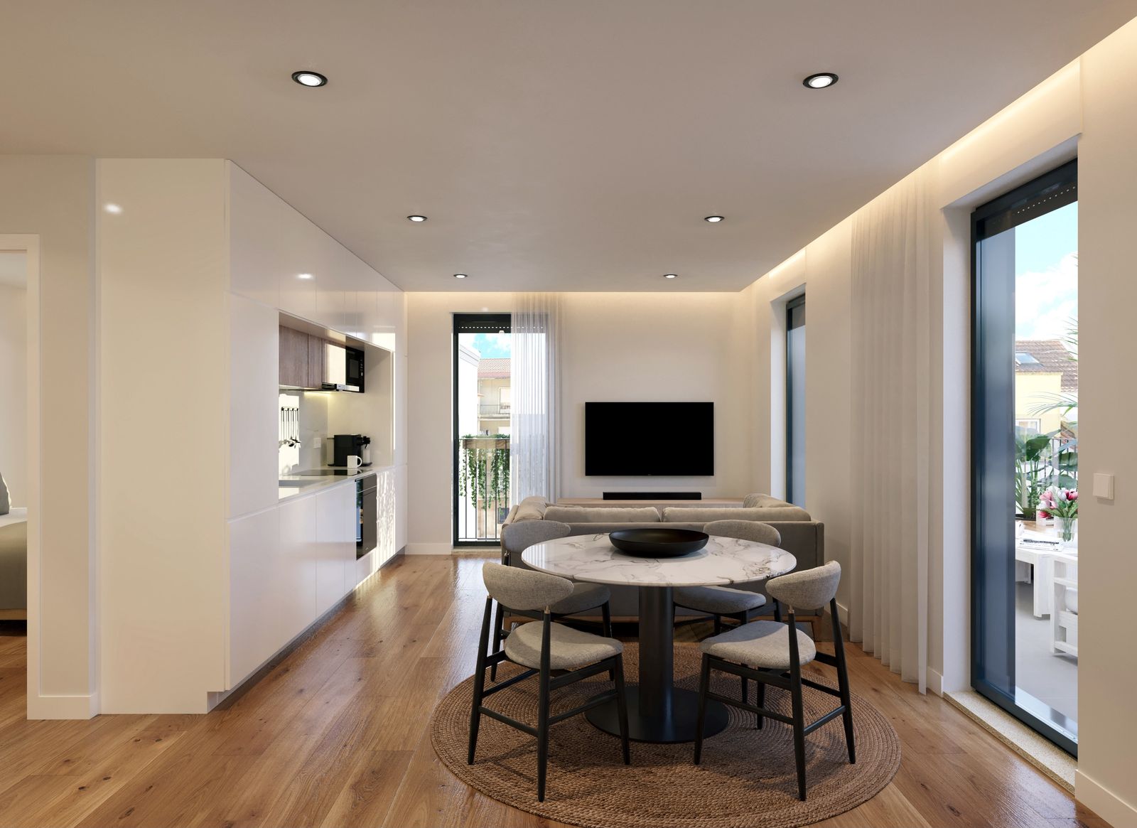 Open-plan kitchen and living area with marble splashback