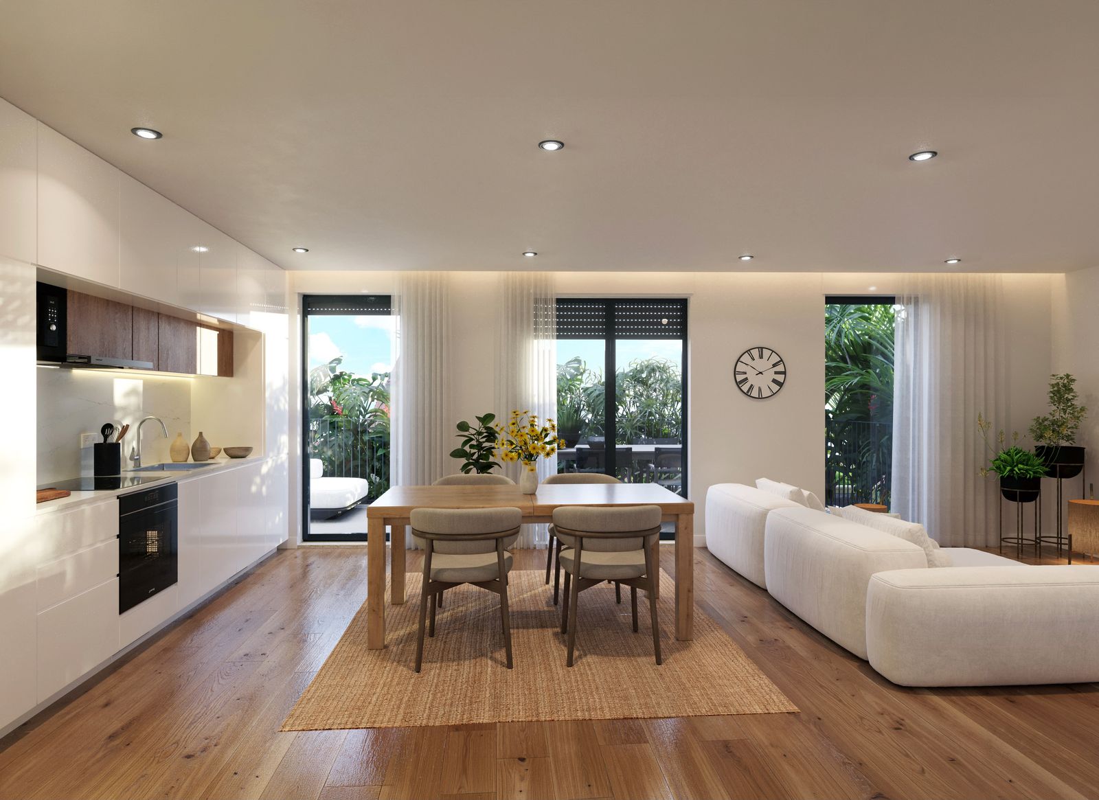 Open-plan kitchen, dining and living area with terrace doors