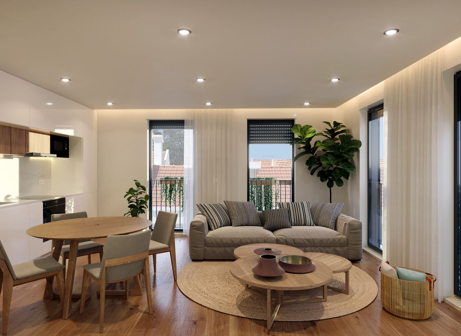 Bright open-plan living room with sofa and planting
