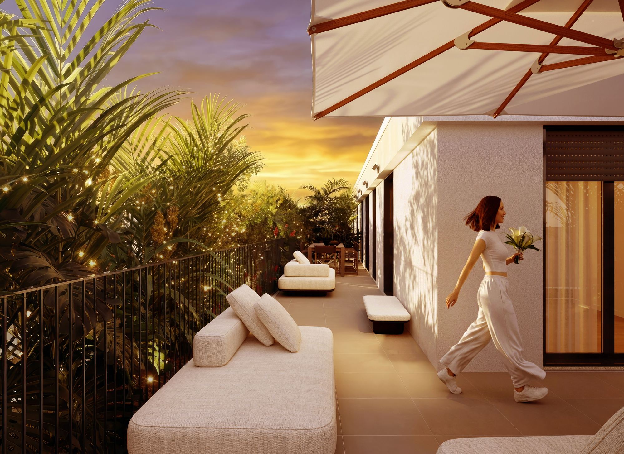 Terrace at dusk with lounge seating, parasol and planted railing
